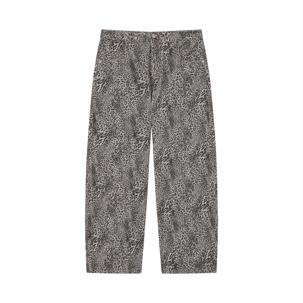 Unisex Vintage Wash Leopard Wide Leg Jeans